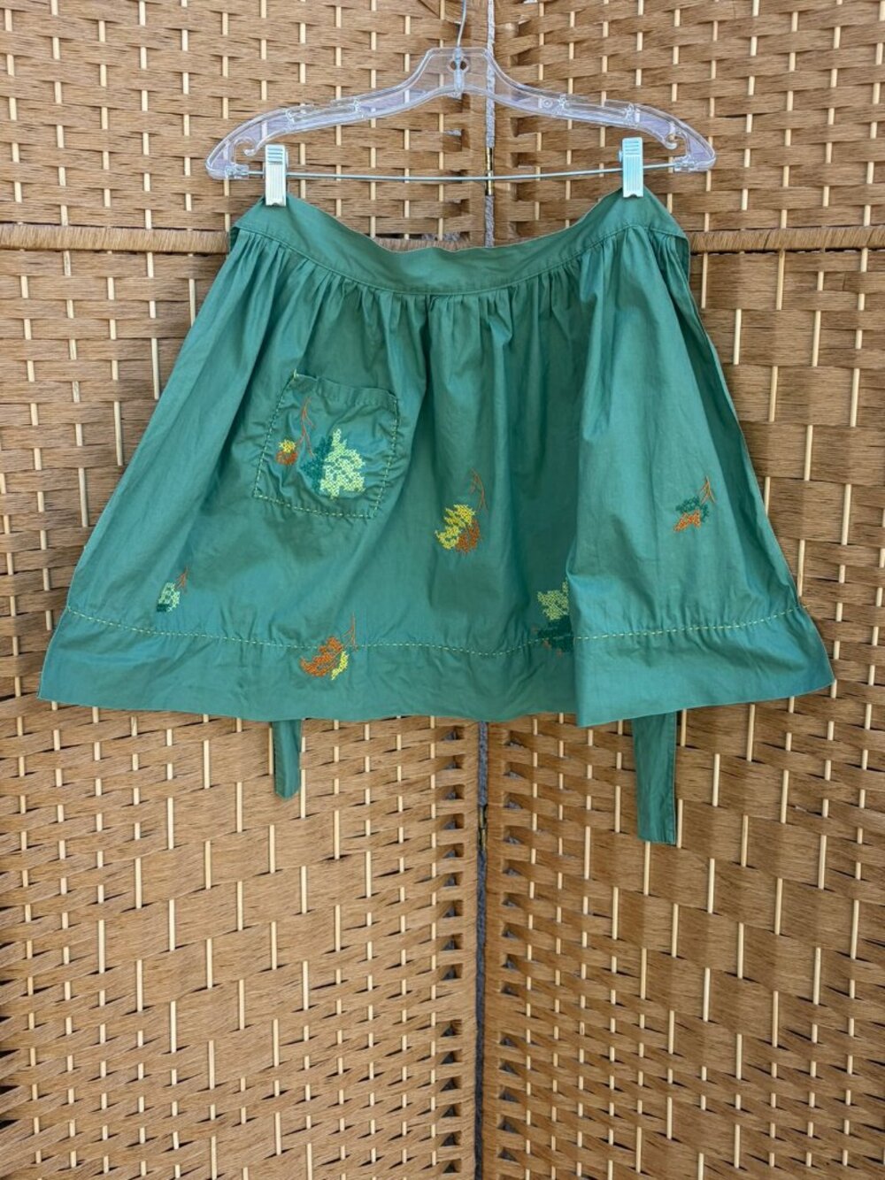 Hand Embroidered Half Apron Green Cottagecore Farmhouse Cross Stitch